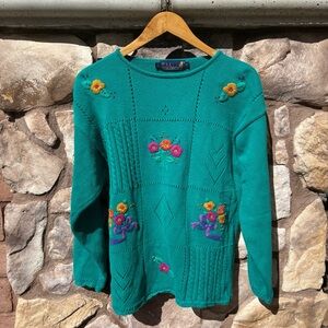 Vintage Tulchan Sweater Embroidered Teal Floral Pullover Sz Medium Cottagecore